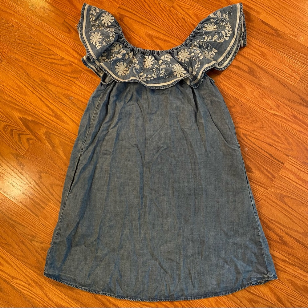 Vintage 90’s does 70’s Embroidered Dress Off Shoulder Chambray Mexico Mini Dress